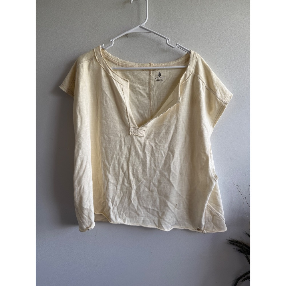 FP Movement Free People Cream Yellow Notched V-Neck Cotton Knit Top Large